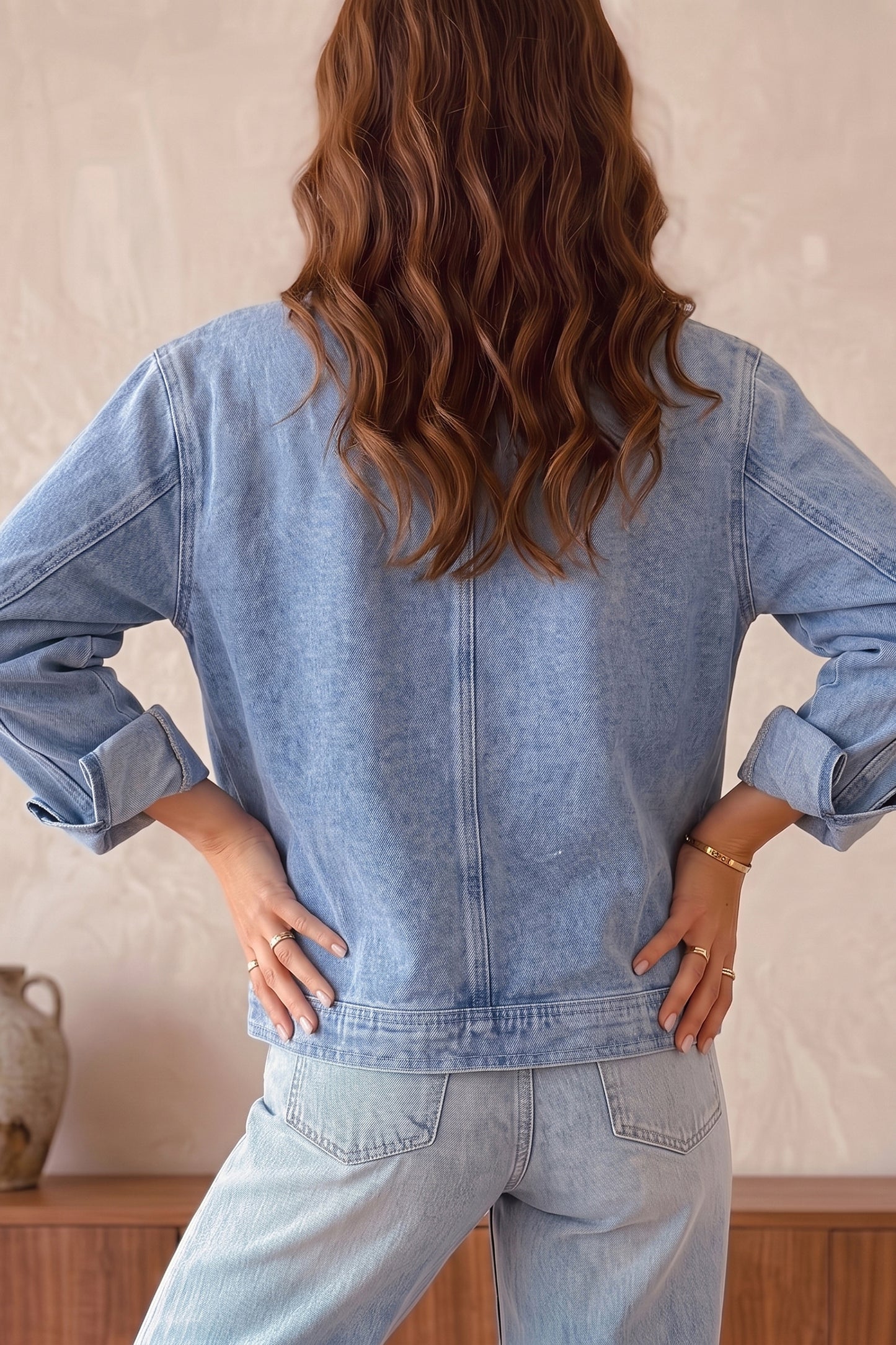 Pearl Studded Oversized Denim Zip Front Jacket
