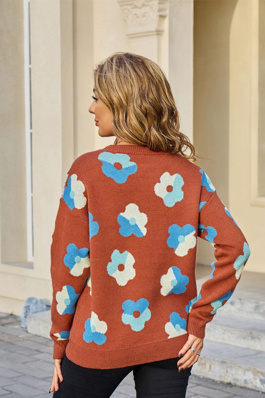 Retro Floral Print Sweater – Colorblock Knit Pullover