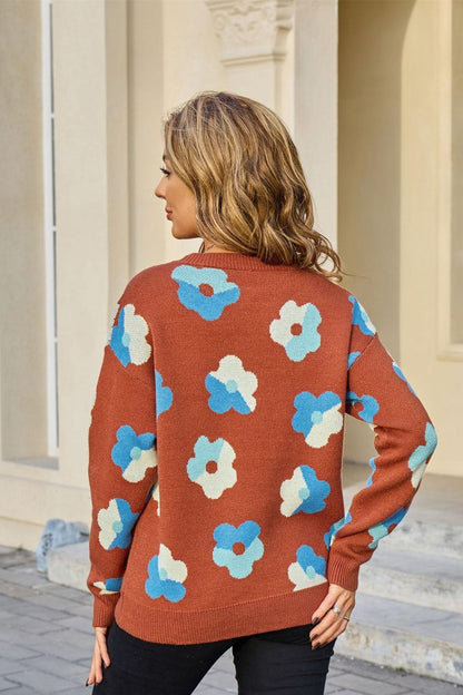 Retro Floral Print Sweater – Colorblock Knit Pullover