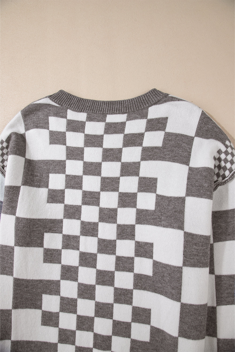 Gray Checkered Print Drop Shoulder Round Neck Sweater