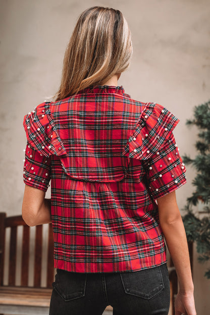 Red Christmas Plaid Pearl Ruffle Short Sleeve Holiday Blouse