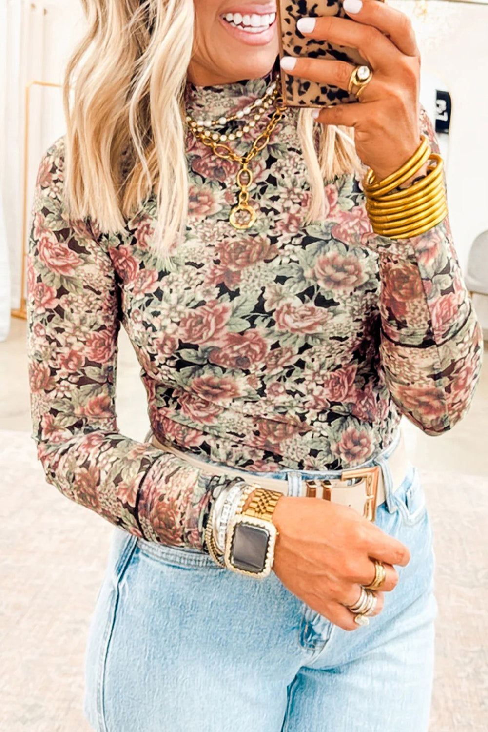 Women’s Vintage Floral Mesh Mock Neck Slim Fit Top