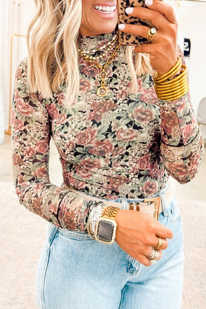 Women’s Vintage Floral Mesh Mock Neck Slim Fit Top