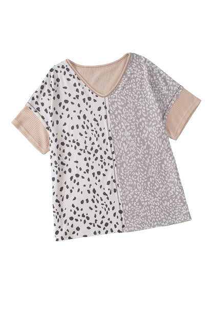 Khaki Plus Size Leopard Print Colorblock V Neck T Shirt