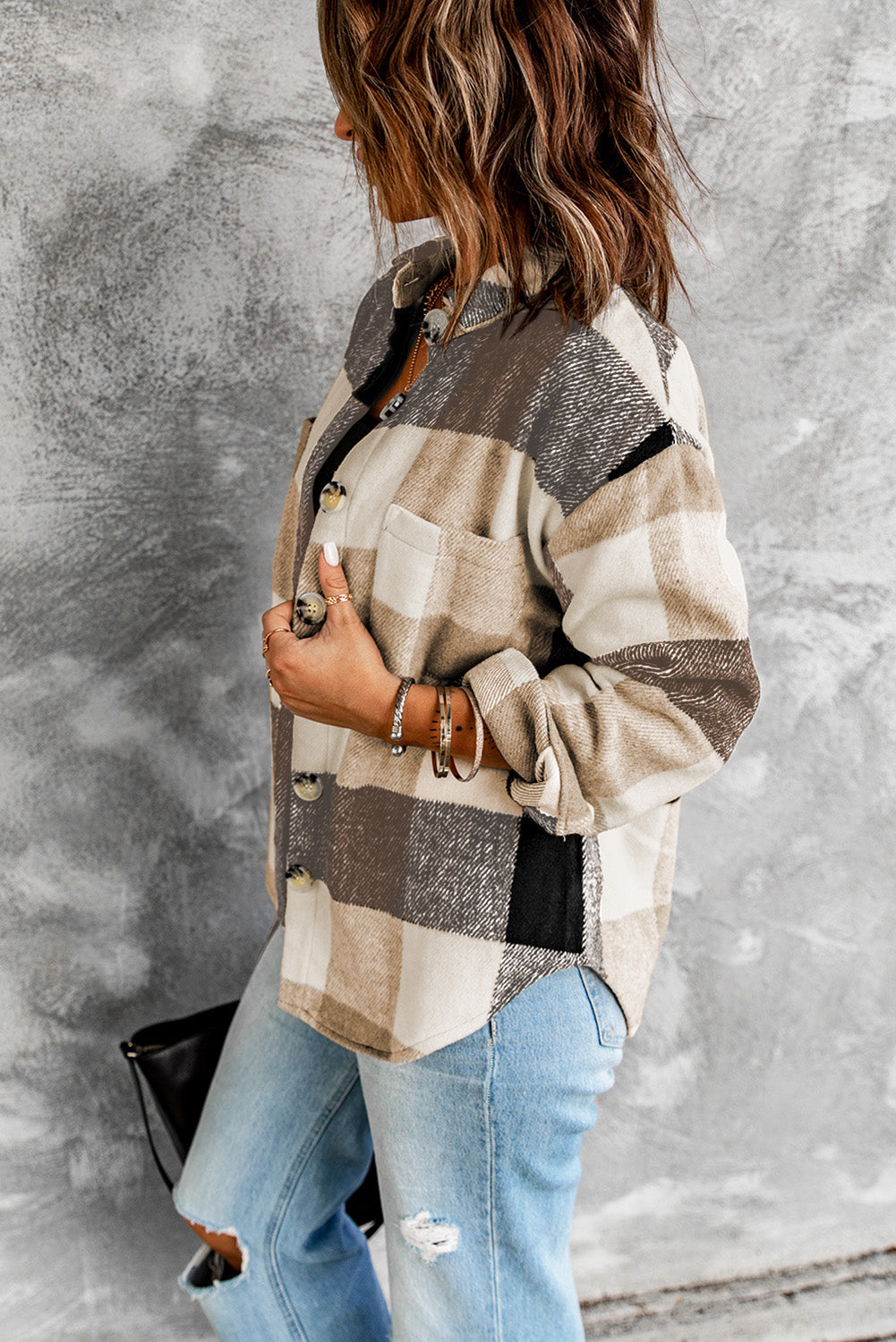 Plaid Colorblock Long Sleeve Jacket with Pockets – Casual Chic