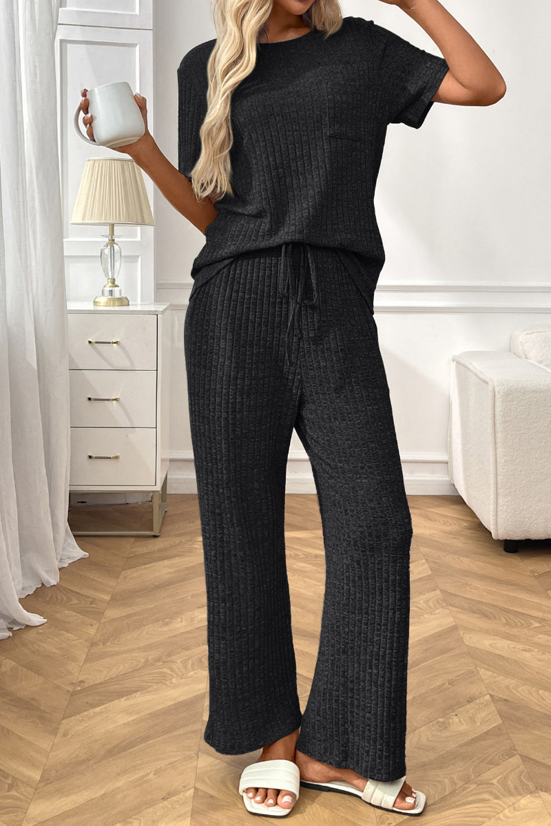 Short Sleeve Ribbed Knit Lounge Set with Drawstring Pants