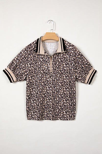 Women’s Leopard Print Half Zip Stripe Trim Top