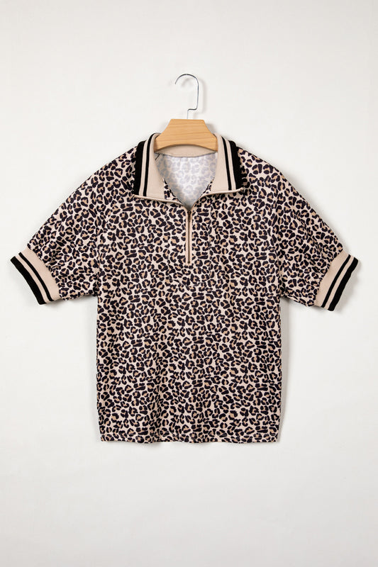 Brown Leopard Half Zip Stripe Trim Short Sleeve Top
