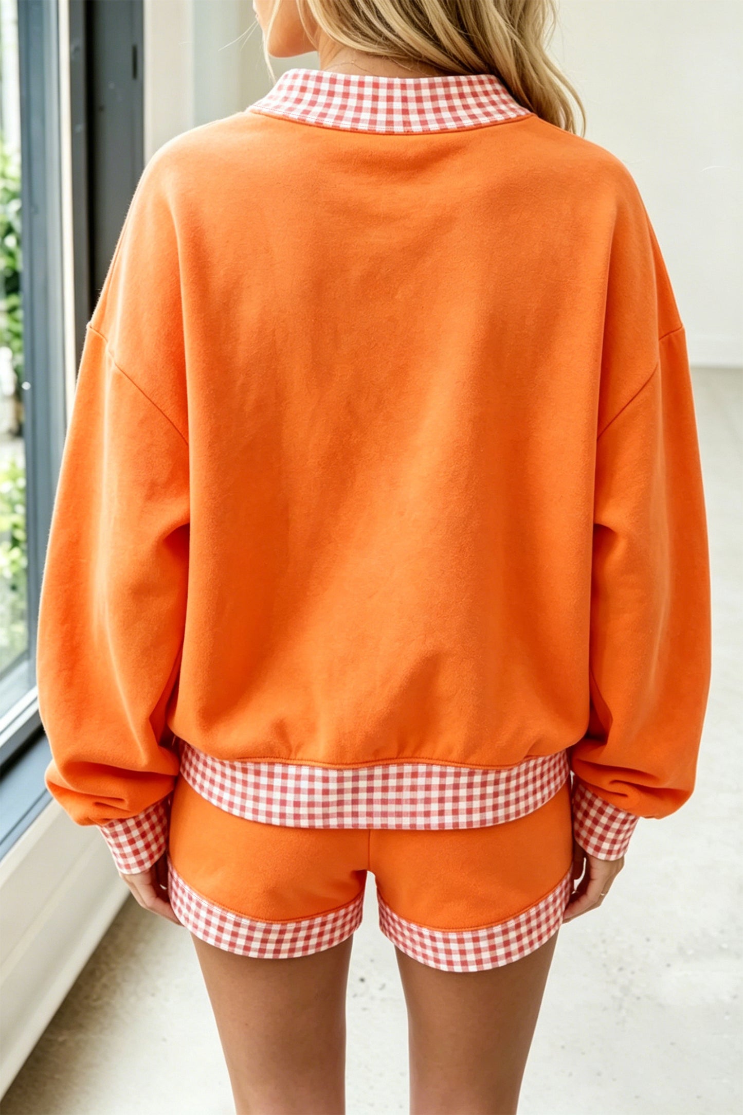 Red Gingham Trim Sweatshirt Shorts Two Piece Set