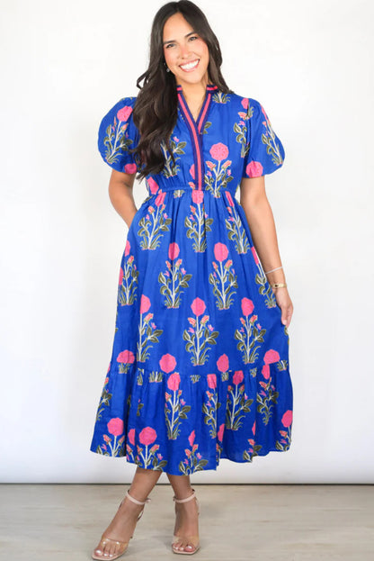 White Floral Contrast Trim V Neck Maxi Dress