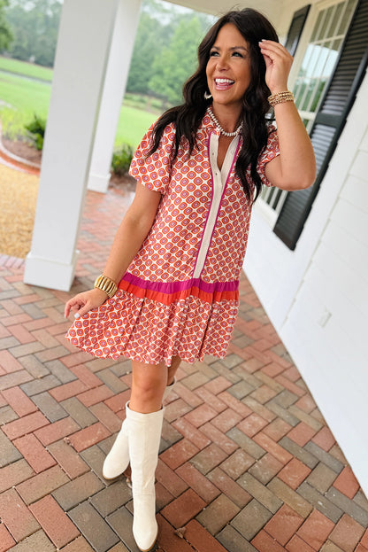 Orange Geometric Print Button Front Ruffle Hem Mini Dress