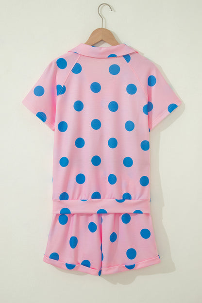 Green Polka Dot Lounge Set V Neck Tee and Shorts