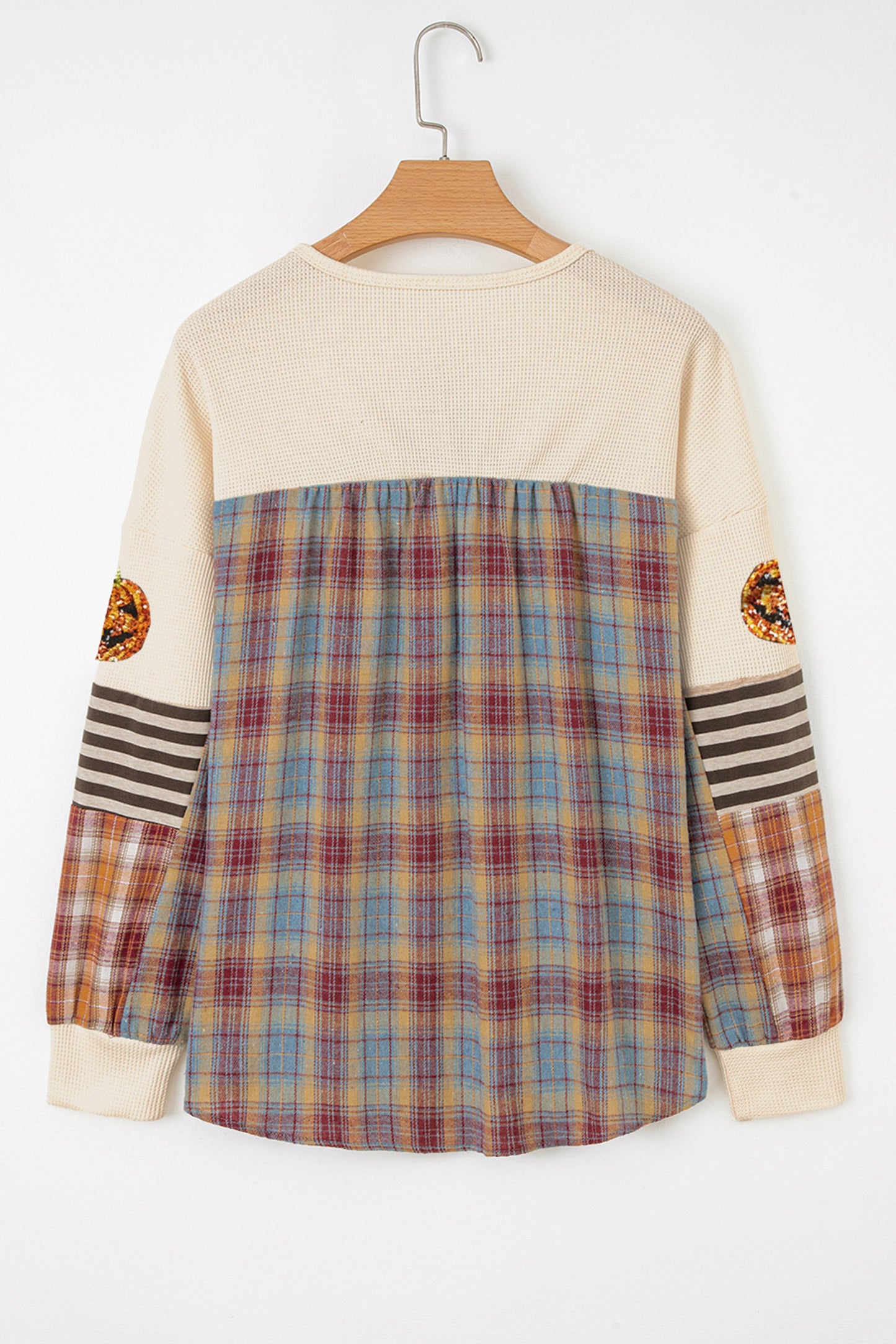 Sequin Pumpkin Waffle Henley Plaid Sleeve Halloween Top
