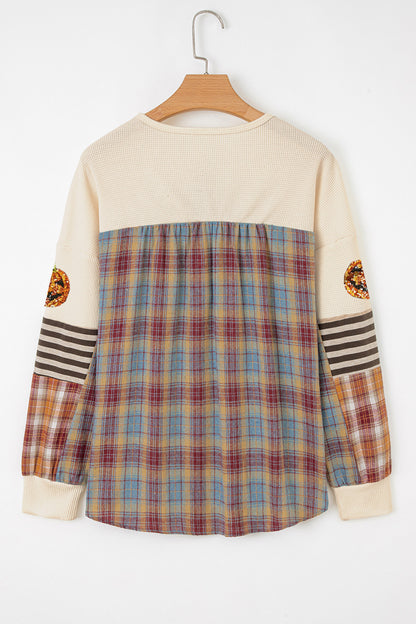 Sequin Pumpkin Waffle Henley Plaid Sleeve Halloween Top