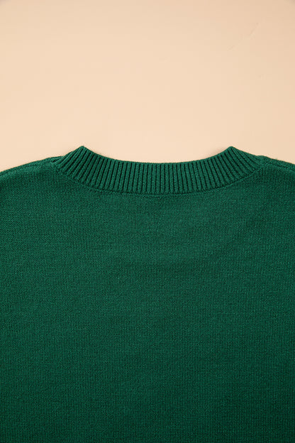 Blackish Green Abstract Dog Embroidery Christmas Fashion Round Neck Sweater