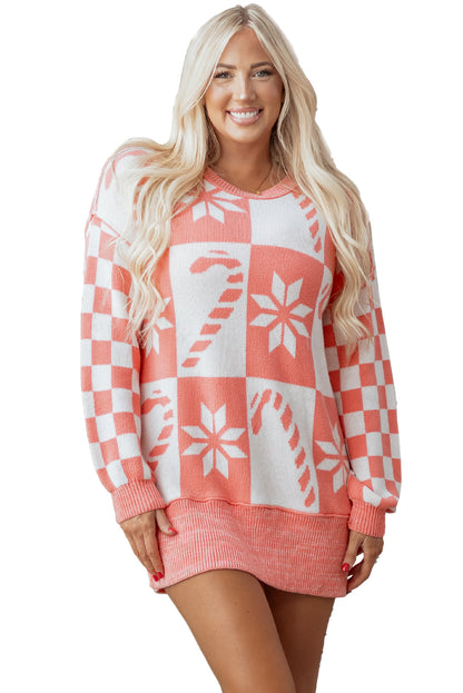 Pink Candy Cane Snowflake Plaid Christmas Oversized Sweater