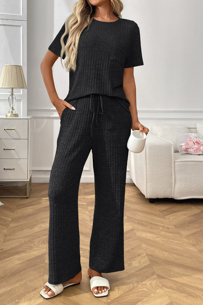Short Sleeve Ribbed Knit Lounge Set with Drawstring Pants