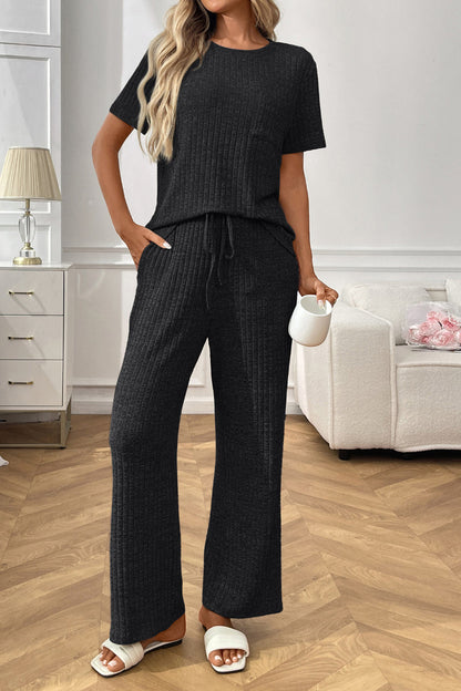 Short Sleeve Ribbed Knit Lounge Set with Drawstring Pants