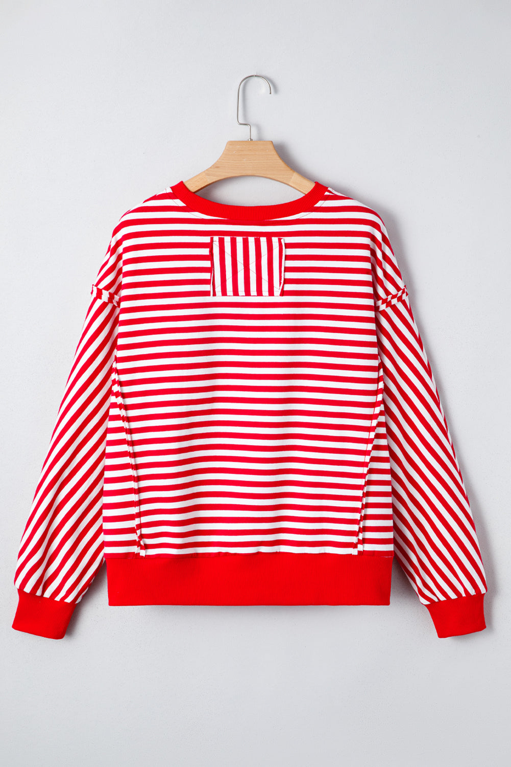 Red Stripe Oversized Pullover Exposed Seam Long Sleeve Top
