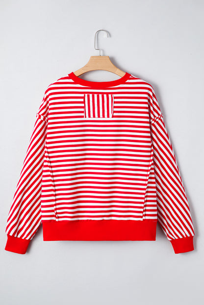 Red Stripe Oversized Pullover Exposed Seam Long Sleeve Top