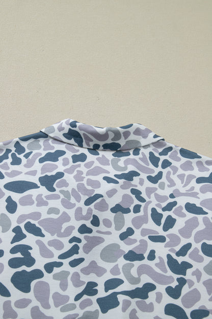 Abstract Print Zip Polo Top and Drawstring Shorts Set