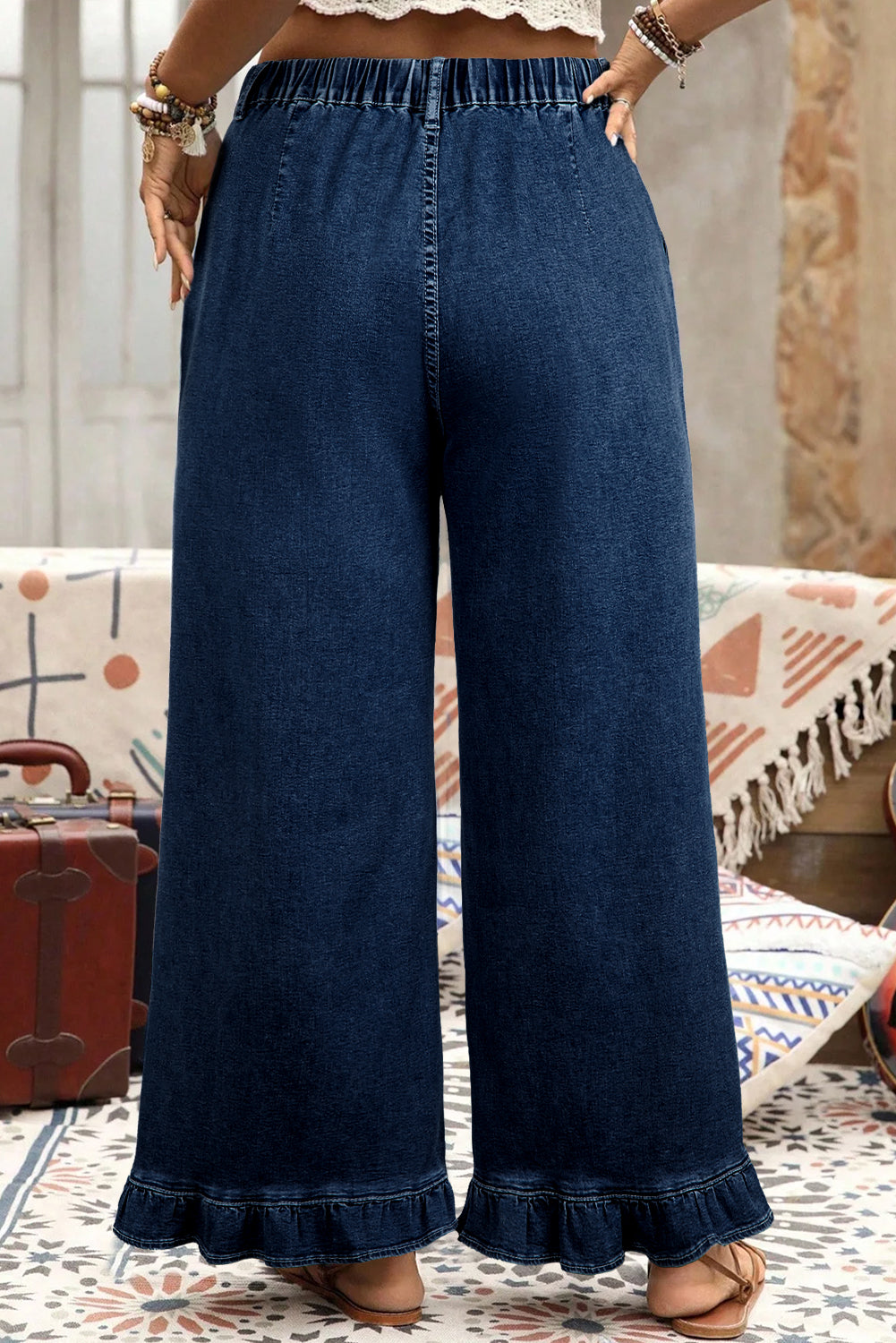 Sail Blue Plus Size Elastic Waist Ruffle Hem Jeans