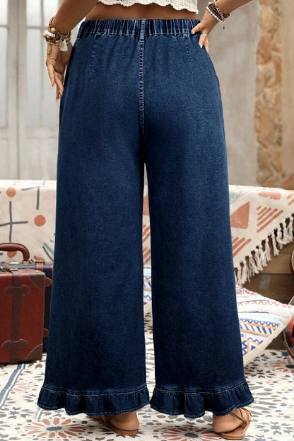 Sail Blue Plus Size Elastic Waist Ruffle Hem Jeans