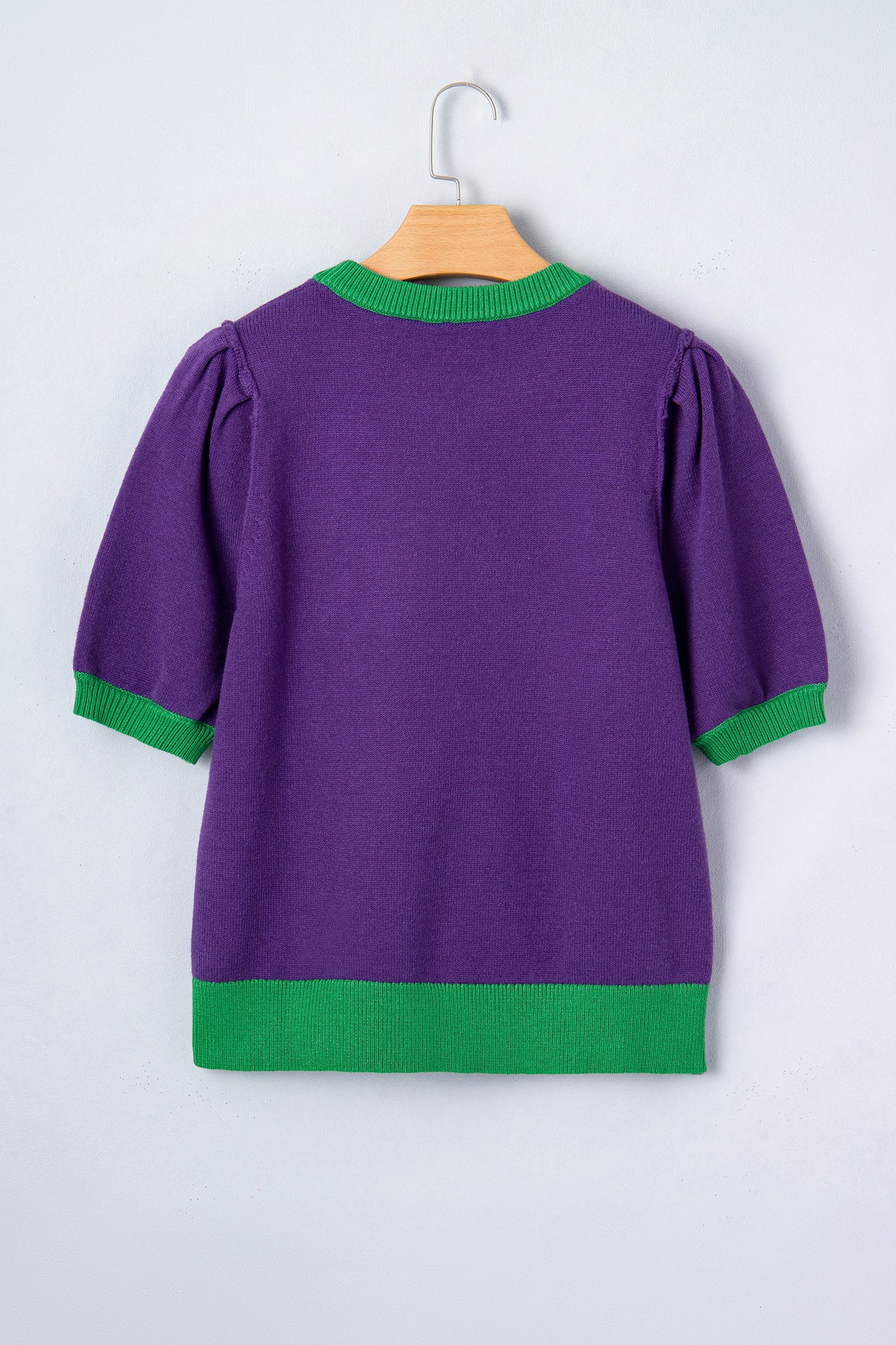 Purple Mardi Gras Tinsel Letter Short Sleeve Sweater Top