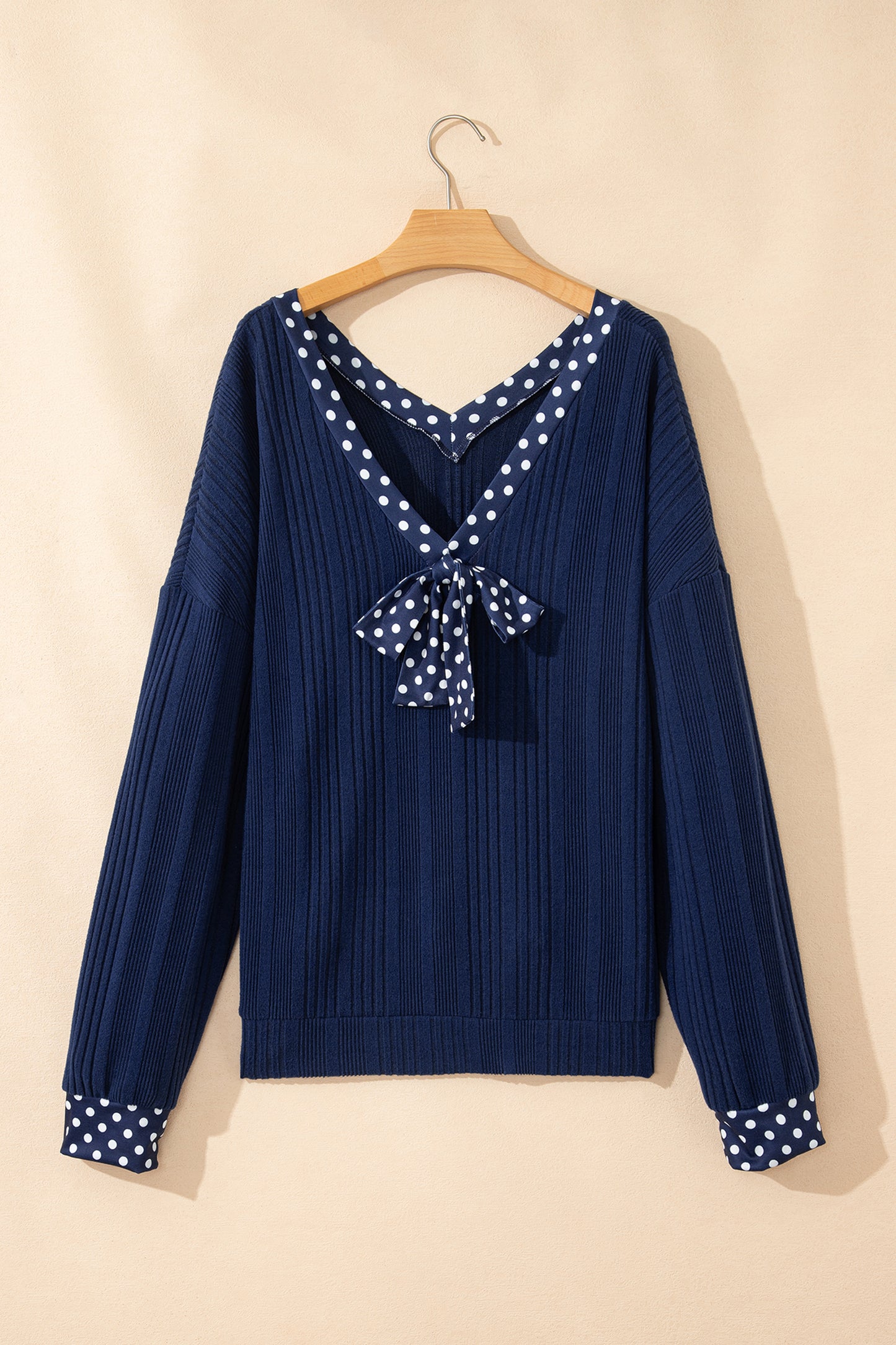 Polka Dot Trim V Neck Tie Ribbed Knit Top Women