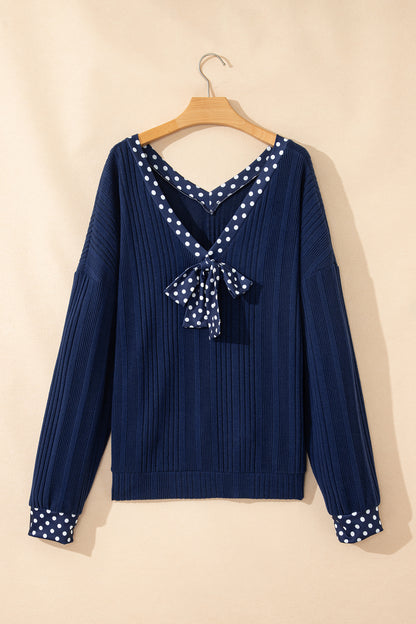 Polka Dot Trim V Neck Tie Ribbed Knit Top Women
