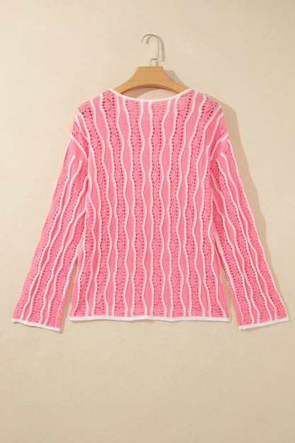 Women's Wavy Stripe Open Knit Pullover Sweater