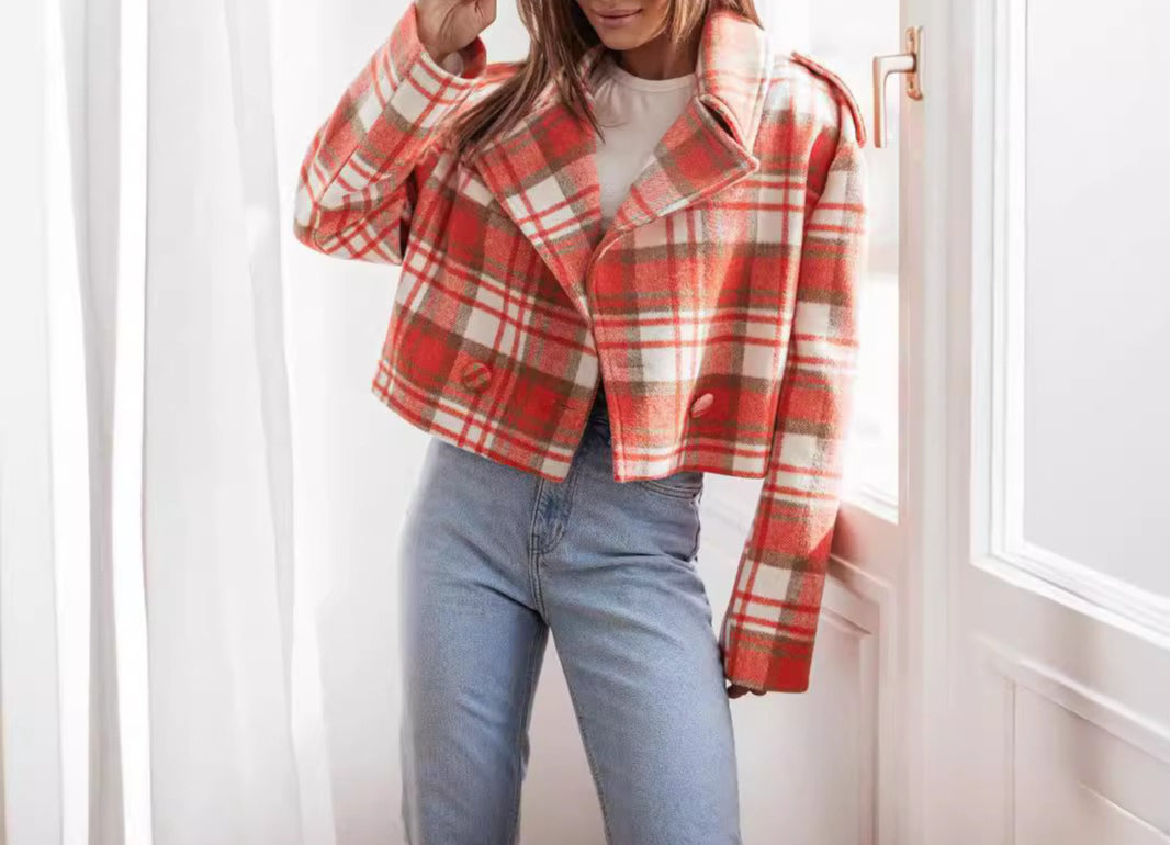 Women's Cropped Plaid Double Breasted Blazer