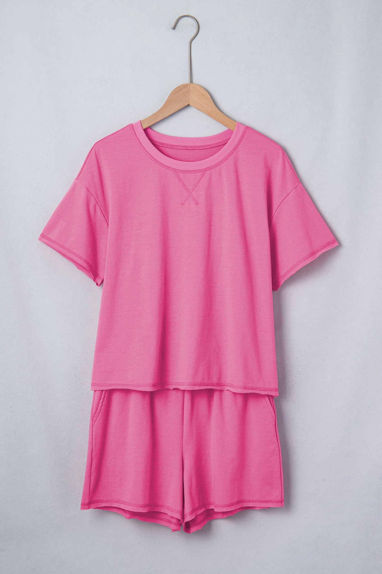 Bright Pink Lounge Set Rainbow Waistband Tee and Shorts