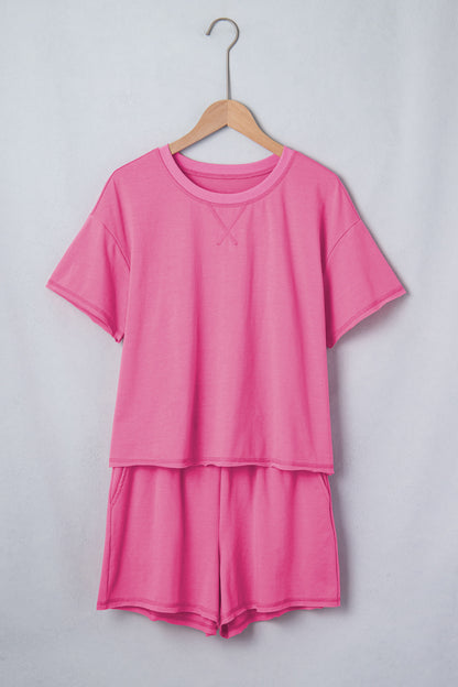 Bright Pink Lounge Set Rainbow Waistband Tee and Shorts