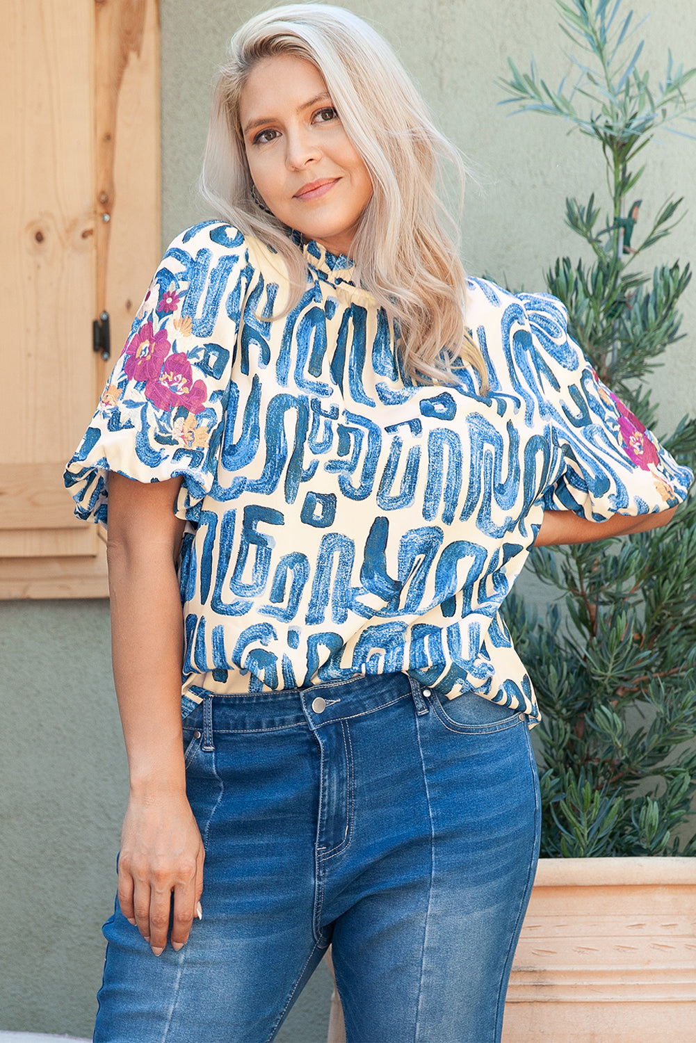 Sky Blue Stripe Plus Size Abstract Print Floral Embroidered Puff Sleeve Blouse