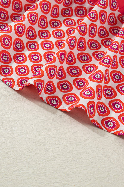 Orange Geometric Print Button Front Ruffle Hem Mini Dress
