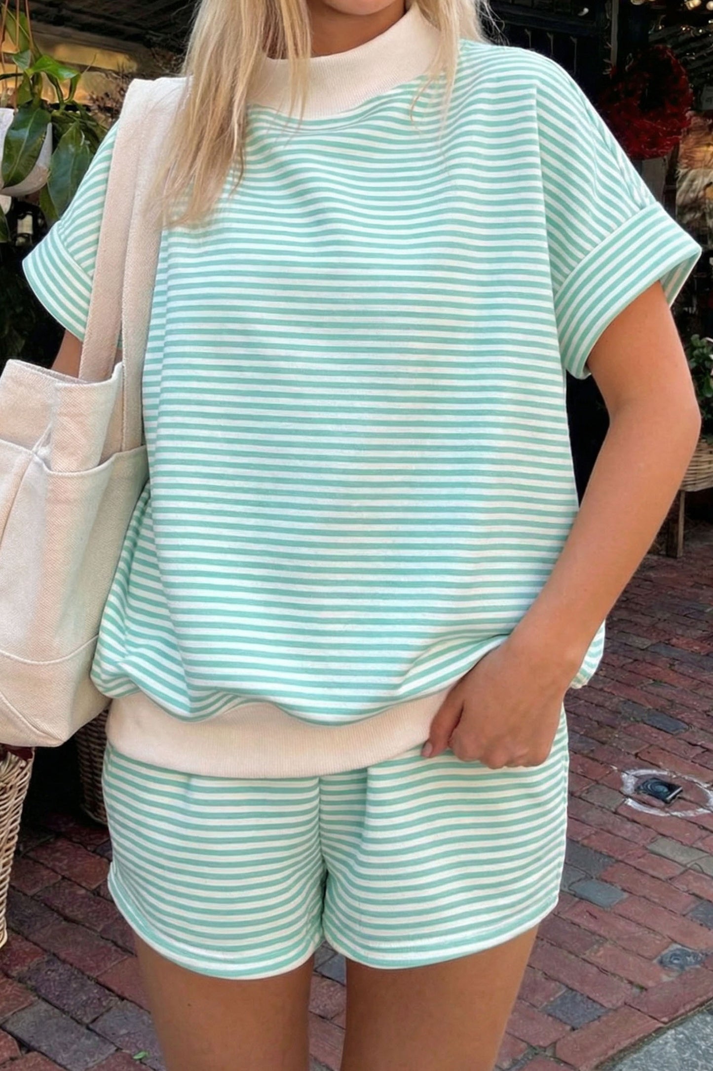 Casual Stripe 2 Piece Short Set Women Lounge Outfit