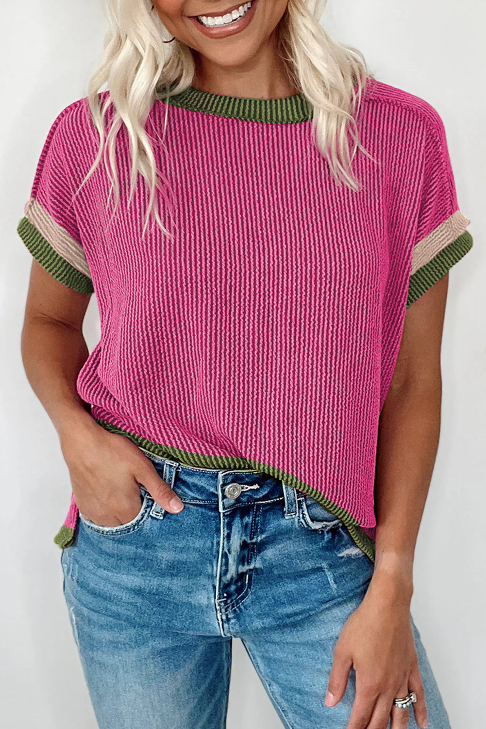 Textured Contrast Trim Round Neck T Shirt