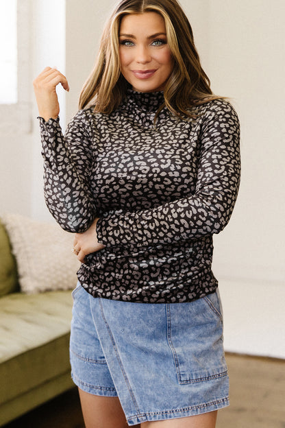 Western Leopard Print Mock Neck Long Sleeve Top Brown