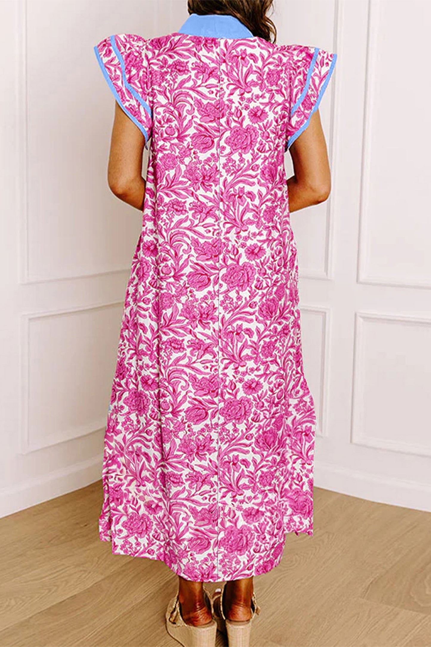 Floral Color Block V Neck Flutter Sleeve Midi Dress