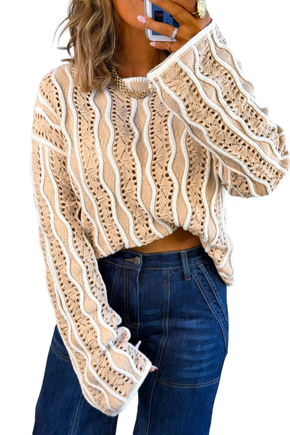 Women's Wavy Stripe Open Knit Pullover Sweater