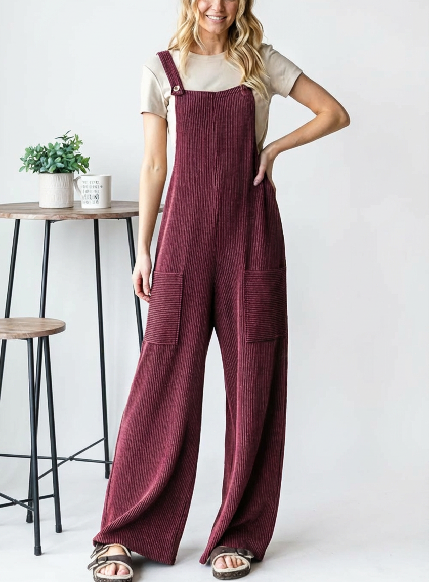 Ribbed Wide Leg Pocket Jumpsuit Sleeveless Overalls