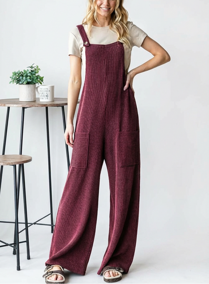 Ribbed Wide Leg Pocket Jumpsuit Sleeveless Overalls