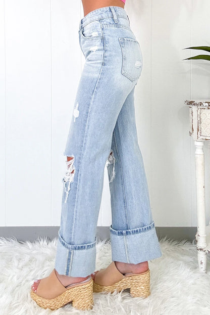 Light Wash Distressed Straight Leg Jeans Raw Hem Denim