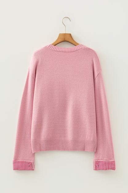 Valentine’s Day Light Pink Plaid Heart Crewneck Sweater
