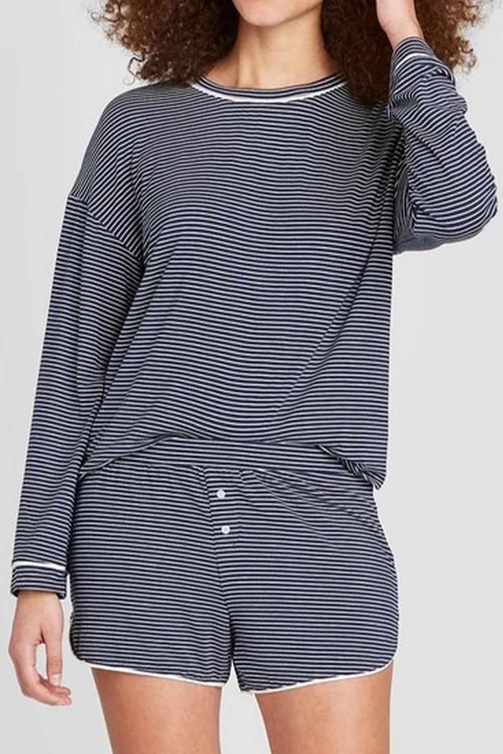 Blue Striped Long Sleeve Top and Buttoned Shorts Lounge Set