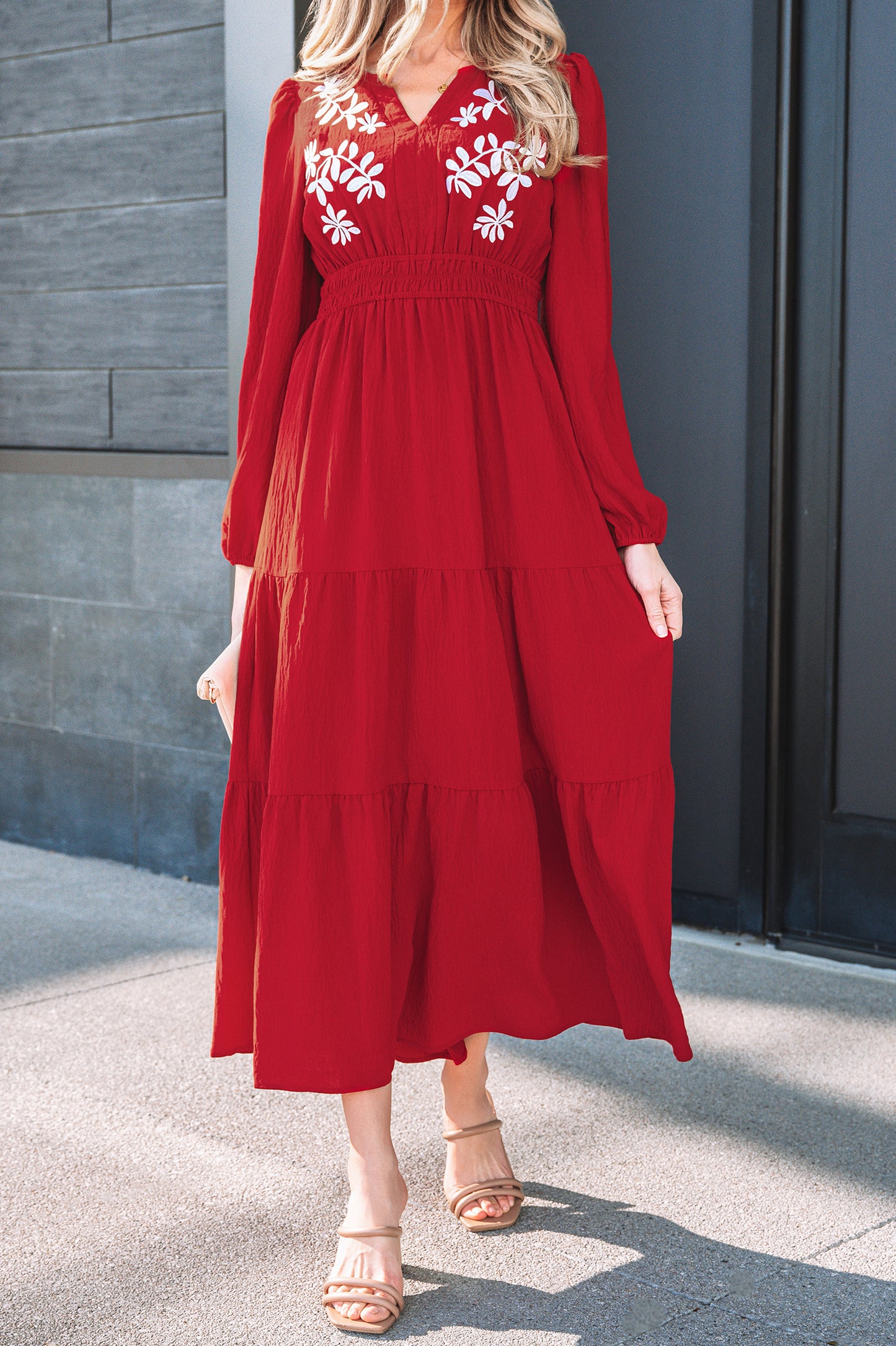 Racing Red Embroidered Cinched Waist Tiered Maxi Dress