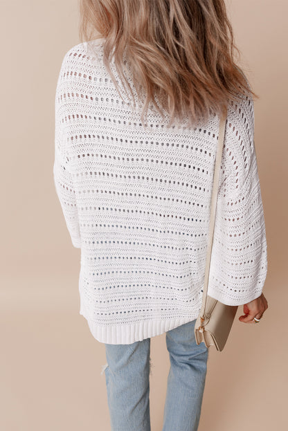 White Pointelle Knit Bracelet Sleeve Open Cardigan