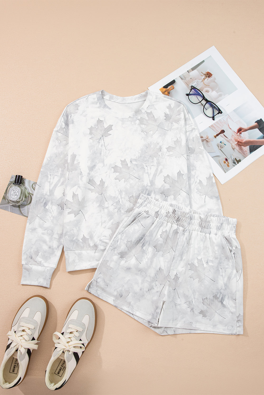 Beige Camo Print Lounge Pullover and Elastic Waist Short Set