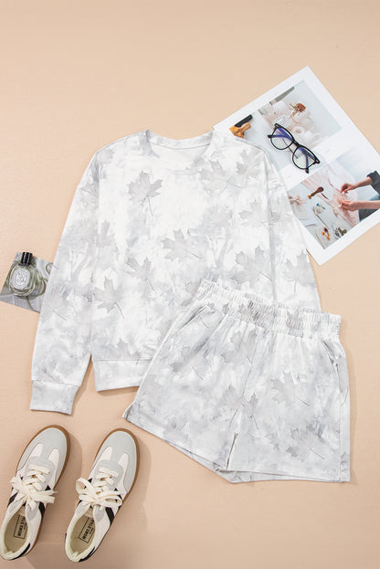Beige Camo Print Lounge Pullover and Elastic Waist Short Set